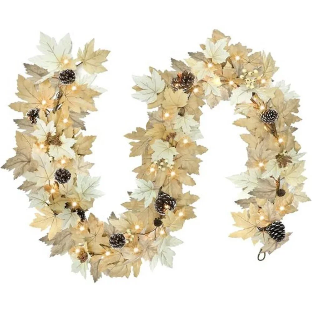 6 FT Realistic Fall Garland with Lights Timer Function Fall Leaves Maple